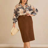 Midi елегантна пола с ластична талия - кафе