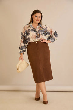 Midi елегантна пола с ластична талия - кафе