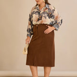 Midi елегантна пола с ластична талия - кафе