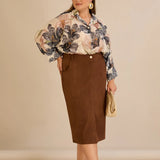 Midi елегантна пола с ластична талия - кафе