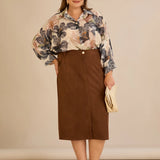 Midi елегантна пола с ластична талия - кафе