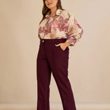 Широк памучен панталон с ръб - бургунди