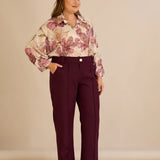 Широк памучен панталон с ръб - бургунди