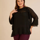 Елегатна шифонена блуза с волани - черен