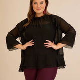Елегатна шифонена блуза с волани - черен