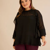 Елегатна шифонена блуза с волани - черен