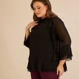 Елегатна шифонена блуза с волани - черен