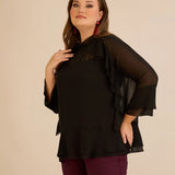 Елегатна шифонена блуза с волани - черен