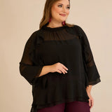 Елегатна шифонена блуза с волани - черен