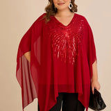Празнична туника с акцент от пайети в свободна кройка - червен