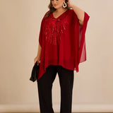 Празнична туника с акцент от пайети в свободна кройка - червен