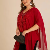 Празнична туника с акцент от пайети в свободна кройка - червен