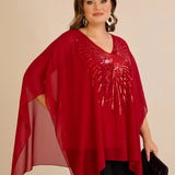 Празнична туника с акцент от пайети в свободна кройка - червен