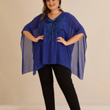 Празнична туника с акцент от пайети в свободна кройка - син