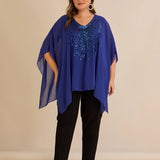 Празнична туника с акцент от пайети в свободна кройка - син