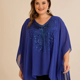 Празнична туника с акцент от пайети в свободна кройка - син