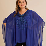 Празнична туника с акцент от пайети в свободна кройка - син