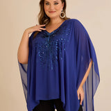 Празнична туника с акцент от пайети в свободна кройка - син