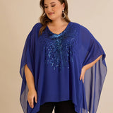 Празнична туника с акцент от пайети в свободна кройка - син