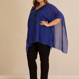 Празнична туника с акцент от пайети в свободна кройка - син