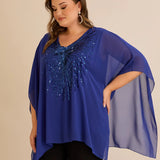 Празнична туника с акцент от пайети в свободна кройка - син