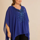 Празнична туника с акцент от пайети в свободна кройка - син