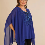 Празнична туника с акцент от пайети в свободна кройка - син