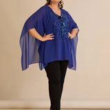 Празнична туника с акцент от пайети в свободна кройка - син