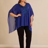 Празнична туника с акцент от пайети в свободна кройка - син