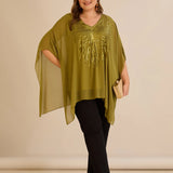 Празнична туника с акцент от пайети в свободна кройка -  пистачио