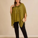 Празнична туника с акцент от пайети в свободна кройка -  пистачио