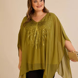 Празнична туника с акцент от пайети в свободна кройка -  пистачио