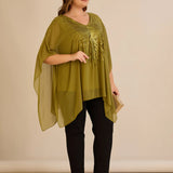 Празнична туника с акцент от пайети в свободна кройка -  пистачио