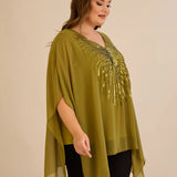 Празнична туника с акцент от пайети в свободна кройка -  пистачио