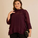 Елегантна шифонена блуза с волани - бургунди