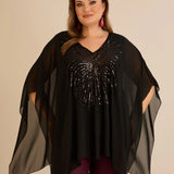 Празнична туника с акцент от пайети в свободна кройка - черен