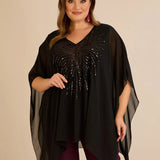 Празнична туника с акцент от пайети в свободна кройка - черен