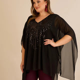 Празнична туника с акцент от пайети в свободна кройка - черен