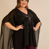 Празнична туника с акцент от пайети в свободна кройка - черен