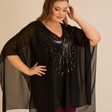 Празнична туника с акцент от пайети в свободна кройка - черен