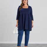 Памучна туника с джобове и квадратно деколте - тъмносин