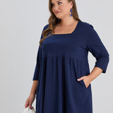 Памучна туника с джобове и квадратно деколте - тъмносин