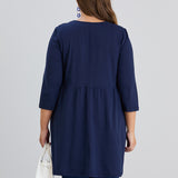 Памучна туника с джобове и квадратно деколте - тъмносин