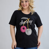 Памучна тениска с камъчета Cherry - черен