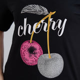 Памучна тениска с камъчета Cherry - черен