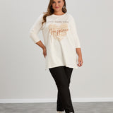 Памучна туника в големи размери с щампа Happiness - екрю