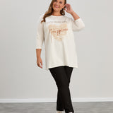 Памучна туника в големи размери с щампа Happiness - екрю
