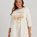 Памучна туника в големи размери с щампа Happiness - екрю