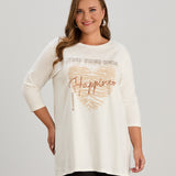 Памучна туника в големи размери с щампа Happiness - екрю