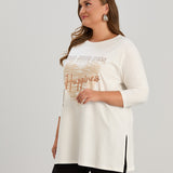 Памучна туника в големи размери с щампа Happiness - екрю